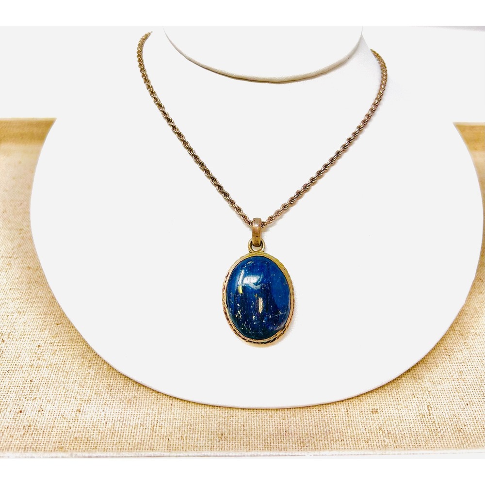 Vintage Sterling Silver Large Oval Lapis Lazuli Pendant Necklace Rope Chain